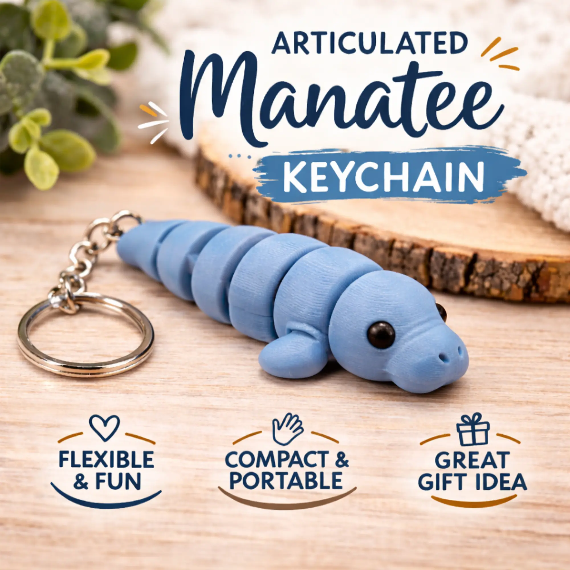 Wiggle Manatee Keychain 3D Printed – Tiny Articulated Fidget Toy That Moves