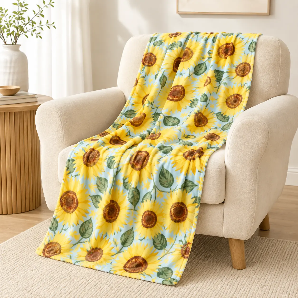 Cozy Sunflower Print Fleece Flannel Throw - Super Soft Lightweight Yellow Floral Home Decor for Adults, Warm Single-Sided All-Season Gift for Bed, Couch