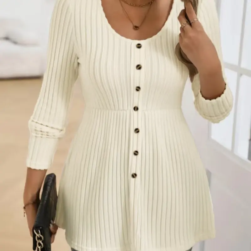 Elegant Women's Plus Size Long Sleeve Shirt Blouses, Loose Tops, Solid Color Round Neck Top with Button Decoration, Casual Fashion for Spring & Fall
