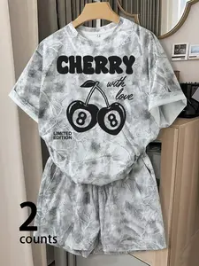 Women's Y2K Aesthetic Casual 8 Ball Cherry Graphic Outfit, Tree Camo T-Shirt & Shorts Set | #Y2KOutfit #8BallPrint #CamoSet