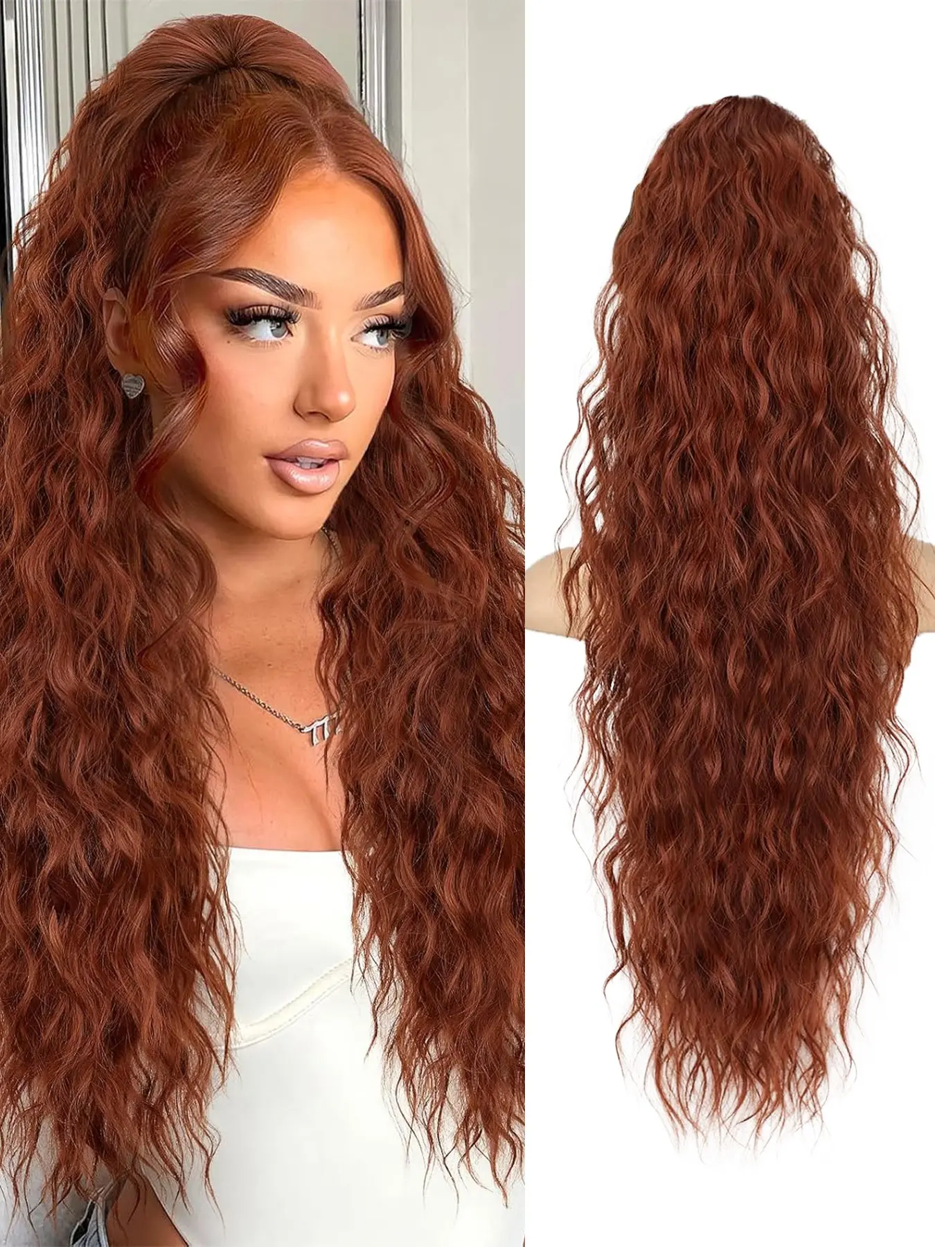 30 Inch Long Claw Clip Ponytail Extension, Copper Curly Synthetic Hairpiece, Layered Fluffy Clip for Women, All Seasons