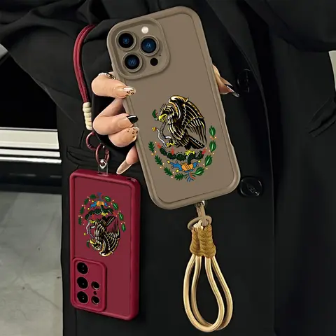 Mexican Eagle Emblem Smartphone Case - Vintage Cultural Design, Shockproof Durable Protection Casing for iPhone 17 Pro Max, 18, 16, 15 Plus, 14-13, 12-11, XR, XS, Galaxy S25-S22, A71, A56-A52 with Lanyard Wrist Strap Cover NN175