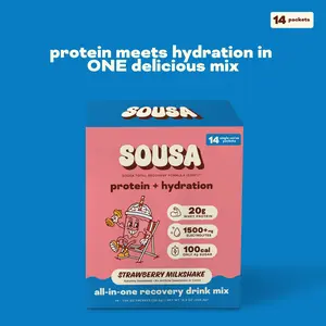 Sousa, Strawberry Milkshake Protein + Hydration Mix, 20g Whey Protein + 1500mg Electrolytes, 14 Packets, Fitness & Daily Wellness, Muscle Recovery & Hydration Support