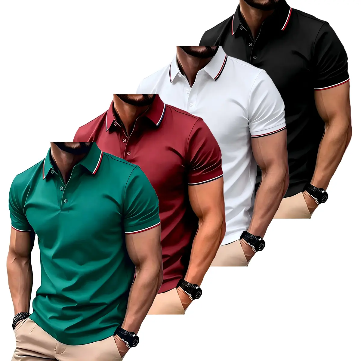 4-pack men’s casual loose-fit polo shirts with contrast double striped collar and cuffs, 100% polyester, 150 GSM solid color short-sleeve golf T-shirts—an alternative to formal men’s short-sleeve shirts.,back to school,back to school shopping