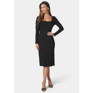 Long Sleeve Square Neck Rib Midi Dress