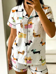 Women's Comfortable Sausage Dog Pyjama Set, Open Front Button Short Sleeves & Shorts, Milk Silk Fabric, All Seasons Wear