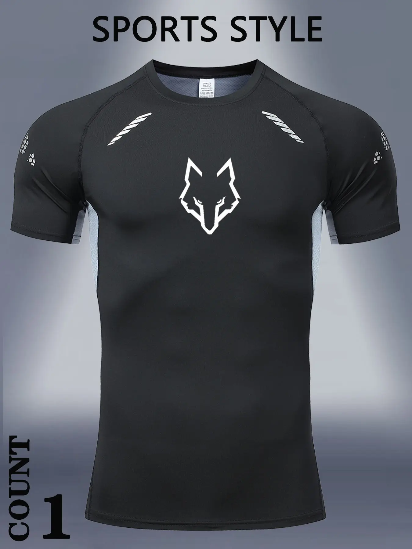 Men's Sporty T-Shirt with Wolf Head Logo, Breathable Mesh Compression Tee Tight Fit Short Sleeve, Street Style Fitness Running Tops for Cycling Running Gym Training, Gym Activewear