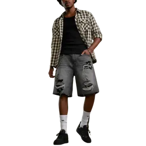 Men's Retro Baggy Distressed Grey Denim Shorts| Cyber Grunge Layered Patchwork Jean Shorts| Vintage Washed Black Streetwear Shorts| Raw Hem Skater Fit tiktokshopspringglowup