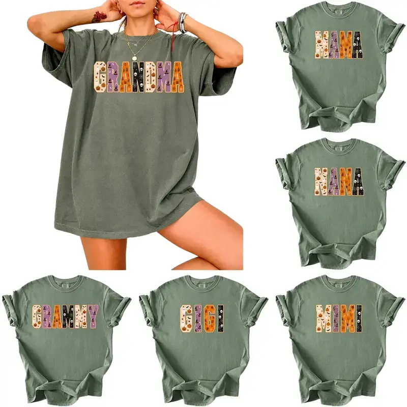 Custom Halloween Family Shirt, Mama Mimi Nana Gigi Granny Grandma Personalized Graphic Tee, Vintage Spooky Patchwork Letter Halloween T-Shirt, Family Matching Unisex Cotton Tee