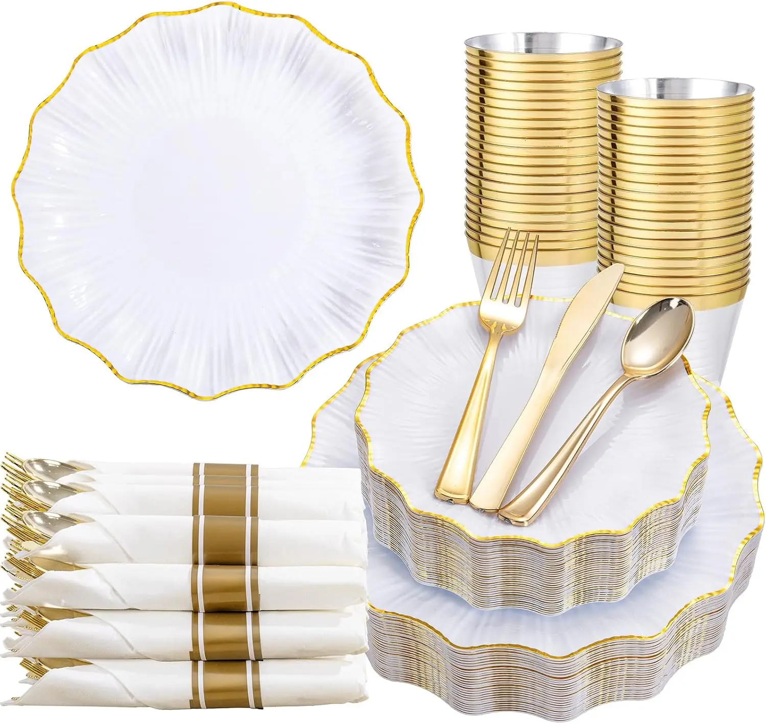 175PCS Gold Plastic Plates -Disposable Dinnerware Set for 25 Guests, White Gold Plates and Napkins Party Supplies include 50 Plates, 25Per Rolled Napkins with Gold Cutlery, 25Cups