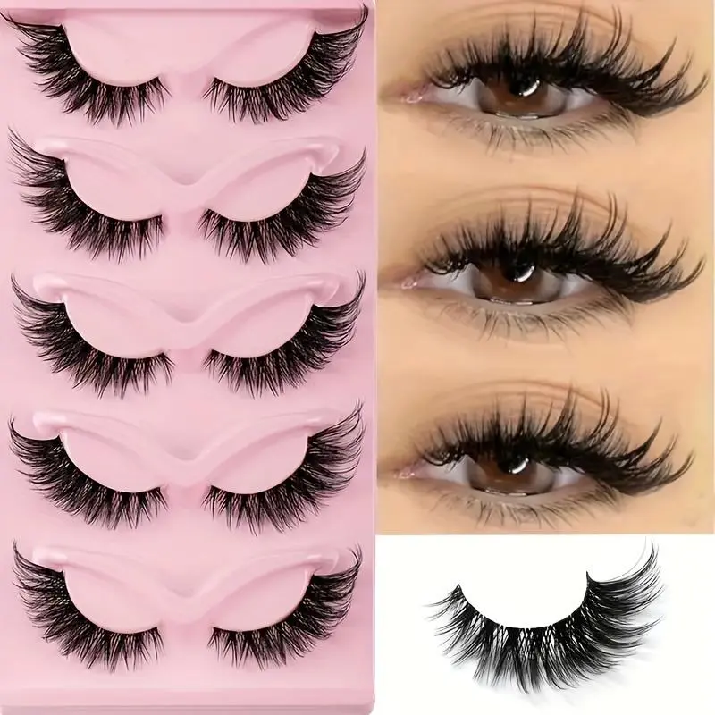 Natural Look False Eyelashes (5 Pairs), Wispy Cat Eye Faux Cluster Lashes Pack, Wispy Volume Set, Volumized False Eyelashes for Women and Girls Eye Makeup Enhancement, Cosmetic, Mega Volume Lashes