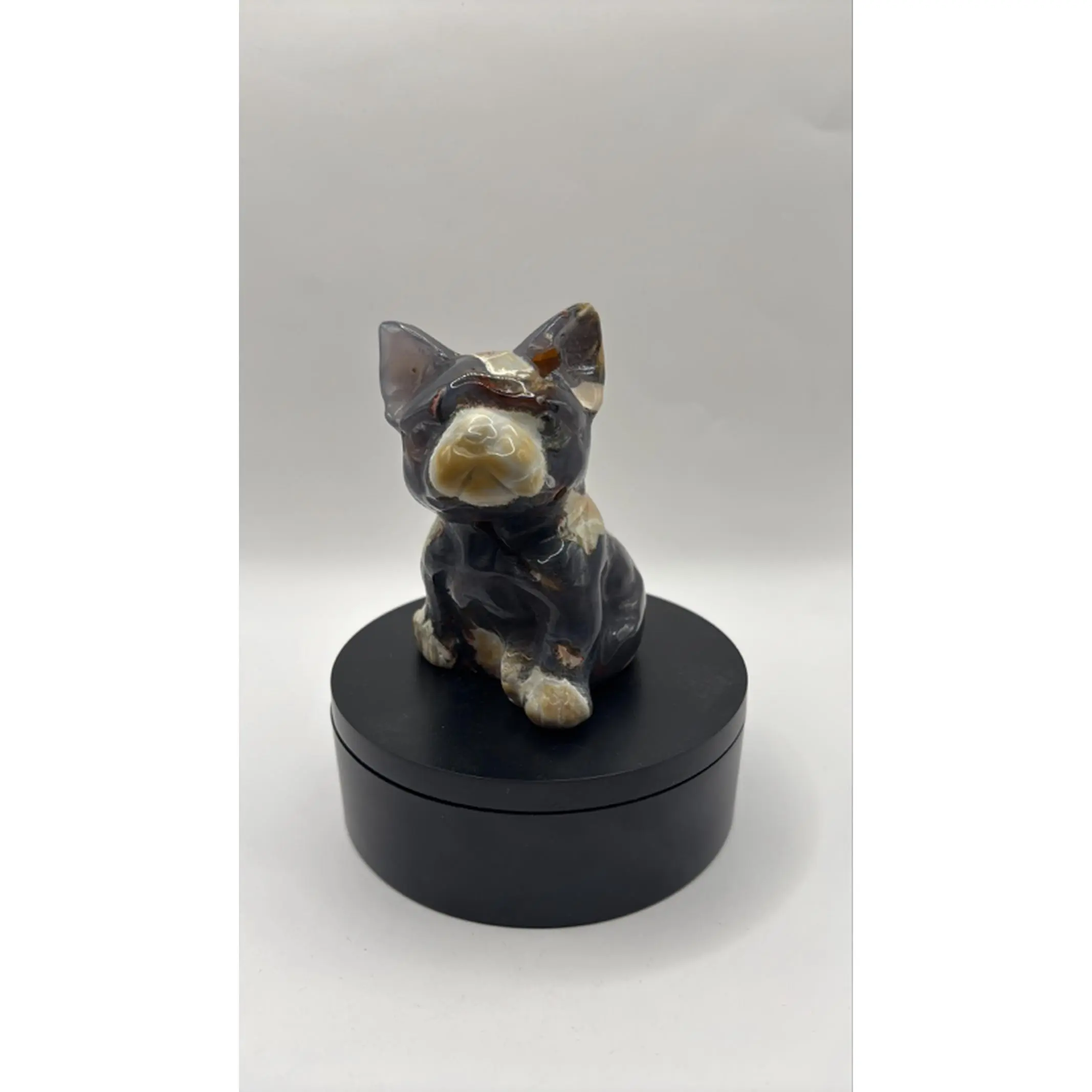 Volcano Agate Dog Carving UV Reactive 4 Inches Tall Hand Carved Natural Stone Crystal Collector Piece