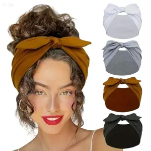 4 Pack Bow Knot Wide Headbands, Soft Stretch Fabric Turban Style Hair Bands, Non-slip Elastic Hair Accessories for Women, Daily & Sports Use