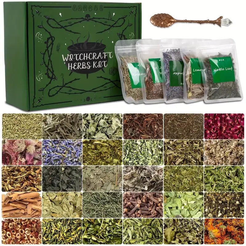 30-Piece Organic Dried Herbs Kit for Witchcraft – Beginner Apothecary Set with Ritual Spoon – Wiccan Altar Supplies for Spells & Home Decor