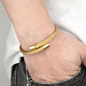 Punk Style Men Jewelry Non-fading Steel Wire Rope Bracelet Classic Open Cuff Charm Bracelet for Men Male Gifts