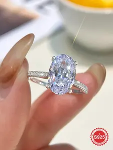 S925 Sterling Silver Sparkle Oval Elegant Engagement Ring, Fashion Rhinestones Decor Promise Ring for Women, Trendy All-match & Exquisite Jewelry for Birthday Gift