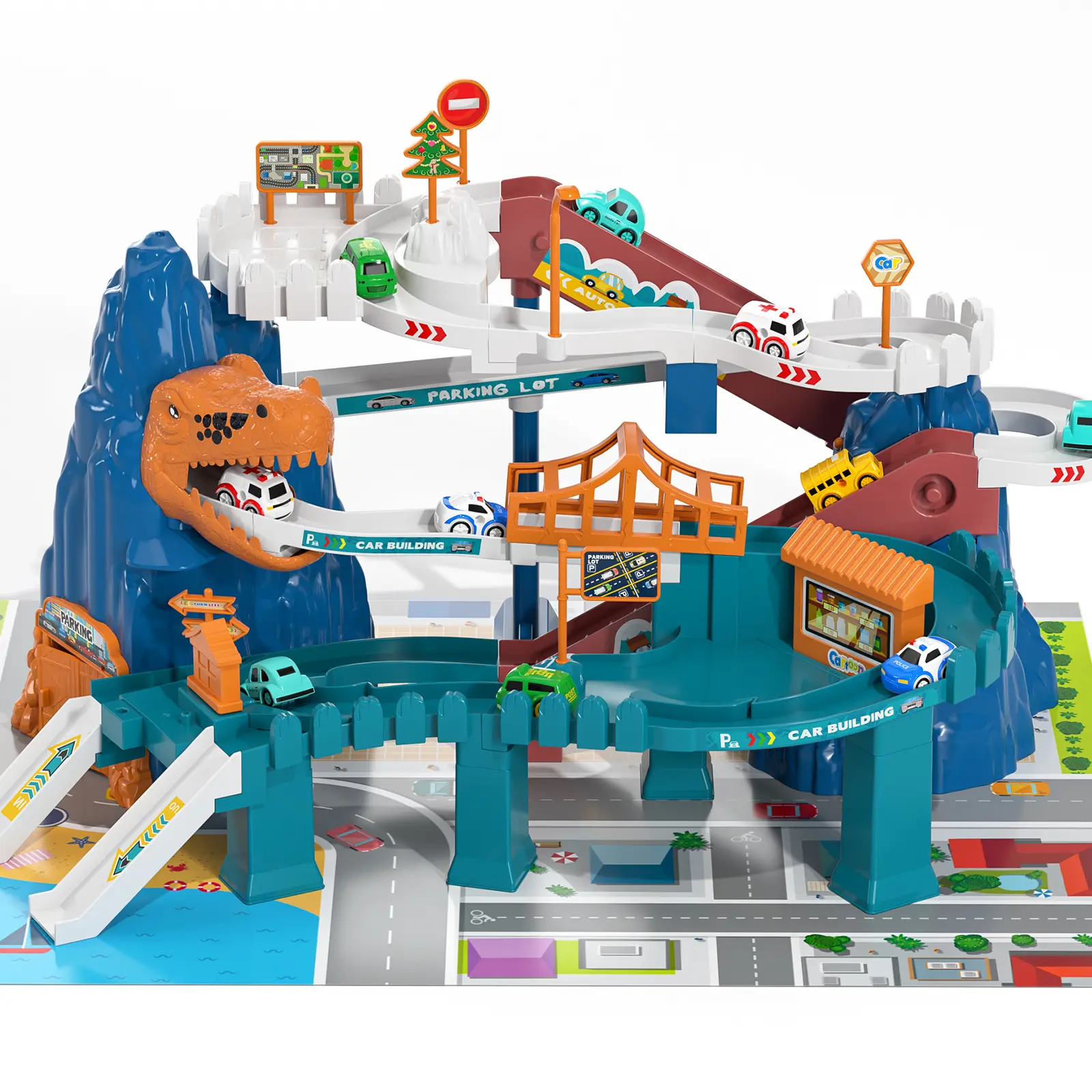 Dinosaur Adventure Science Racing Parking Garage Vehicle Playset - Nitrosamine-Free Electric Ramp Collectible with Tunnels, Bridges, Road Signs, 10 Toddler Cars, Detachable Track, BPA-Free Safe Materials, STEM Play Indoor Birthday Gift for 3-4 Years Kids