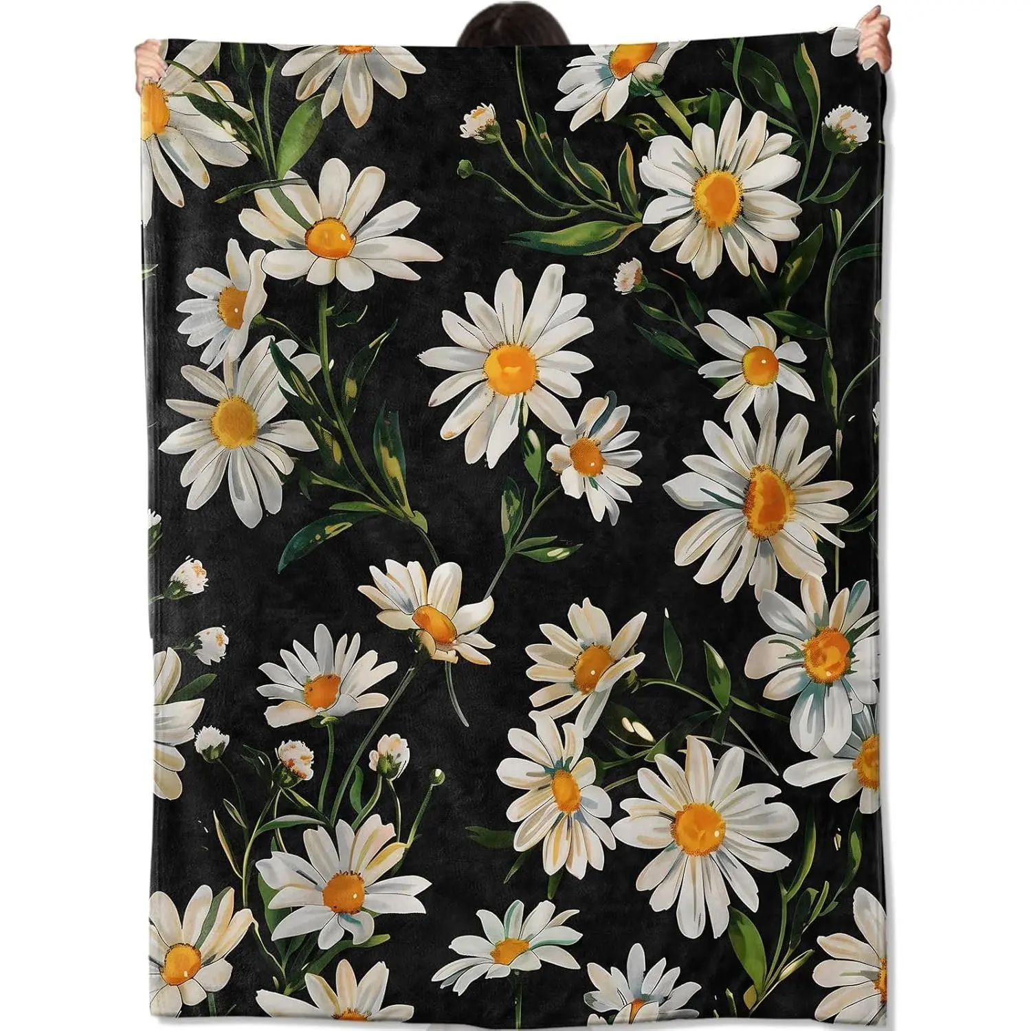 Flannel Blanket | White Daisy Blanket Gifts For Kids Women Adult Girls,Elegant Floral Throw Blankets,Soft Comfy Lightweight For Home Couch Bed Sofa Decor,Green Leaf Flower Design | Gift Blanket / All Season