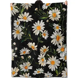 Flannel Blanket | White Daisy Blanket Gifts For Kids Women Adult Girls,Elegant Floral Throw Blankets,Soft Comfy Lightweight For Home Couch Bed Sofa Decor,Green Leaf Flower Design | Gift Blanket / All Season