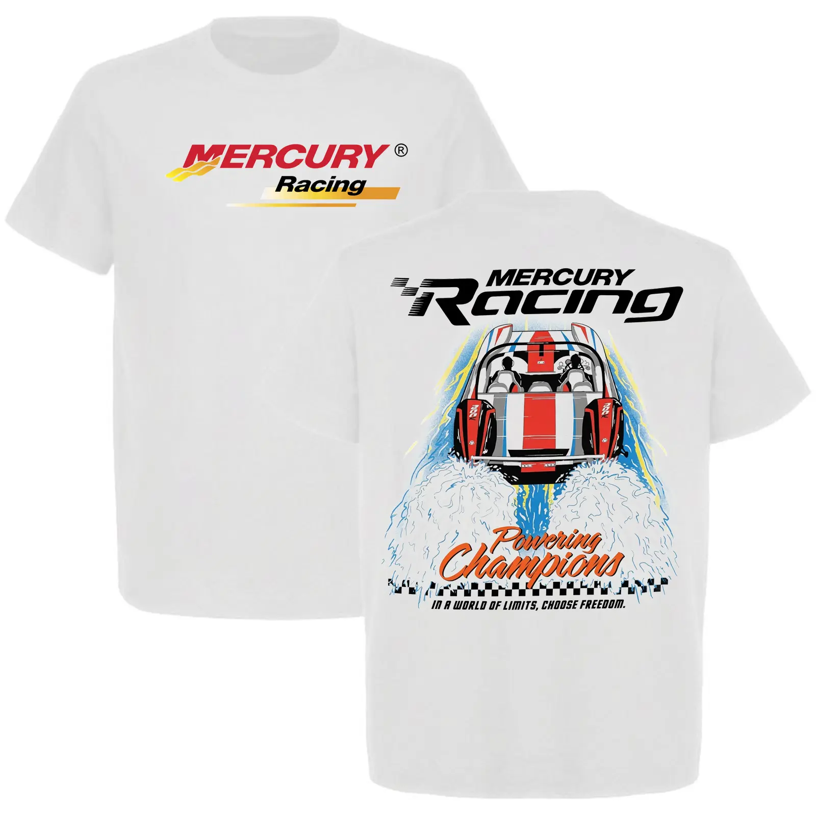 Mercury Racing Powering Champions T-Shirt, Men’s Front & Back Graphic Tee, Offshore Speed Boat Marine Racing Shirt, Boater Gift