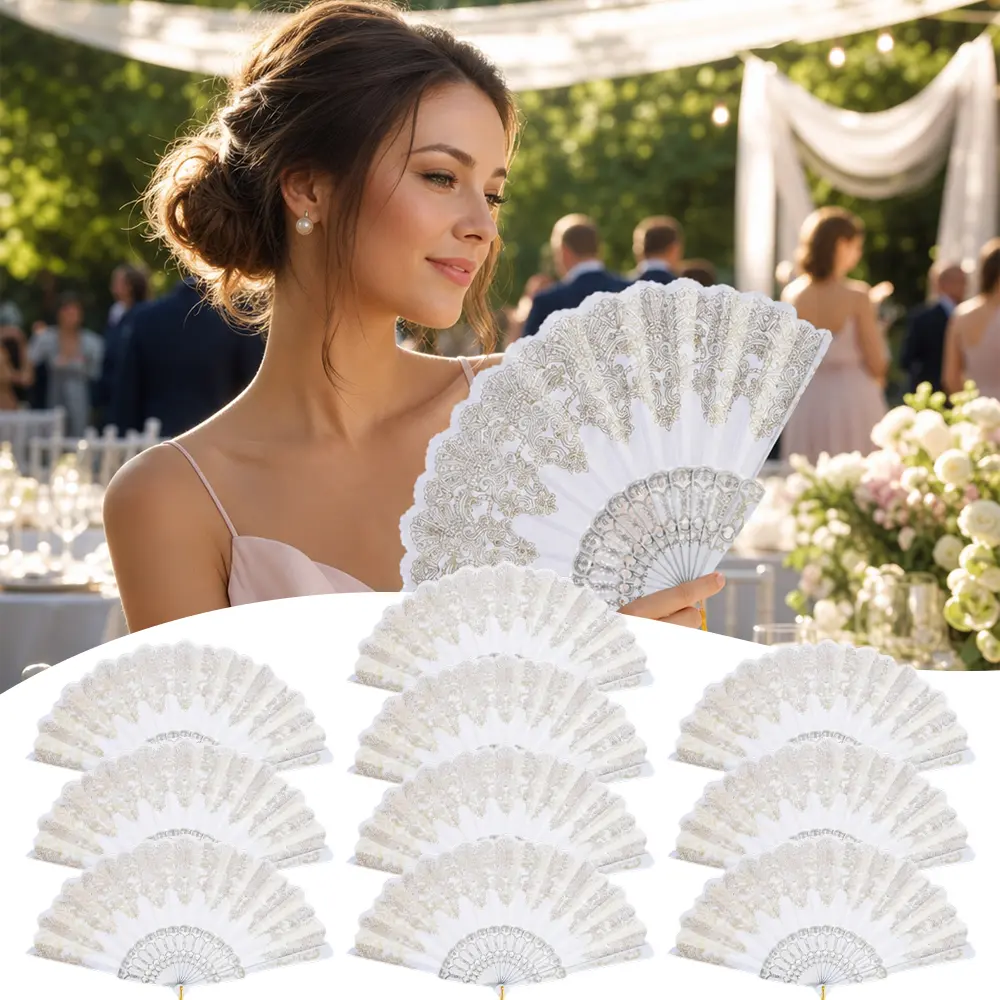 10-Pack Lightweight White Gold Hollow Lace Folding Hand Fans Set, Elegant Bridesmaid Wedding Party Favors for Wedding Photoshoots, Home Decor Table Accents, Plastic