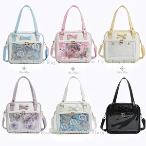 Y2K Cute Bow Ita Bag Girl Transparent Shoulder Bag Women Fashion Crossbody Messenger Bag Ladys DIY Badge Tote Bag Lolita Handbag