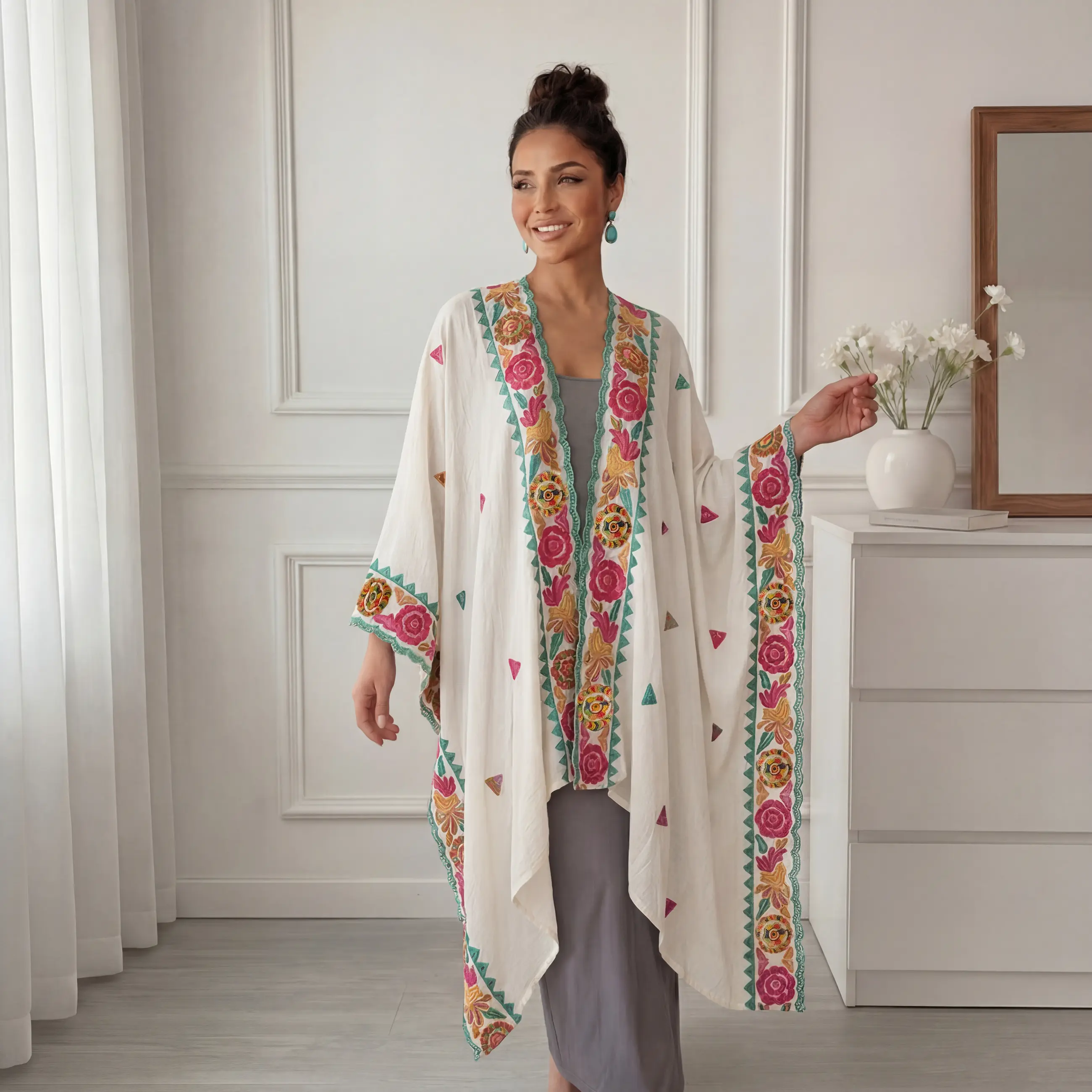 Women Boho Floral Embroidered Kimono Cardigan - Ethnic Style Lightweight Polyester, Loose Fit, Irregular Hem, Open Front Cover Up for Beach, Travel, Casual & Festival Wear Womenswear Bohemian poncho scarf head wrap