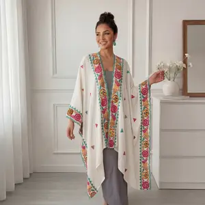 Women Boho Floral Embroidered Kimono Cardigan - Ethnic Style Lightweight Polyester, Loose Fit, Irregular Hem, Open Front Cover Up for Beach, Travel, Casual & Festival Wear