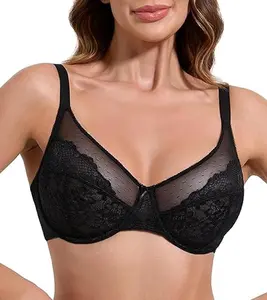 Women's Unlined Minimizer Bra Full Coverage Deep V Underwire Plus Size Lace Everyday Mesh Big Bust Comfort Support
