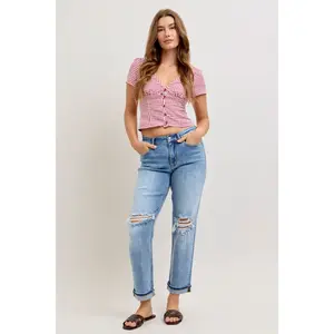 Judy Blue Mid Rise Destroyed Cuffed Boyfriend Denim Jeans 82688