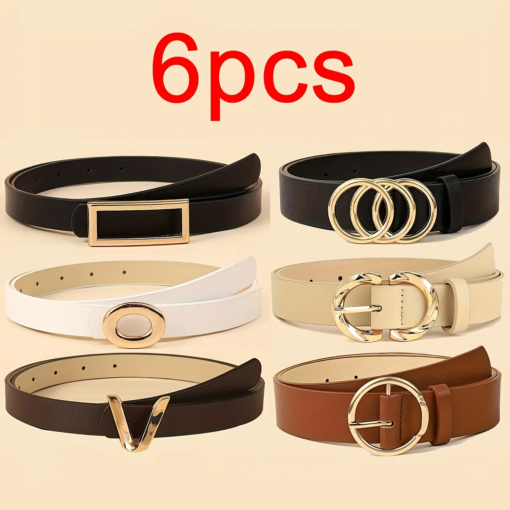 Women’s 6-Piece Minimalist Trendy Belt Set - Solid-Color Elegant Metal Buckle Waist Accessories, Multi-Style Closures, Ideal for Jeans & Dresses, Everyday Commuter Use