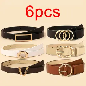 Women’s minimalist fashion belt set (6 pieces); classic belts for jeans and dresses; metal buckle design with three ring sizes (two rings and one ring), plus a single ring; solid-color elegant belts; everyday commuter waist accessories; elegant multifunct