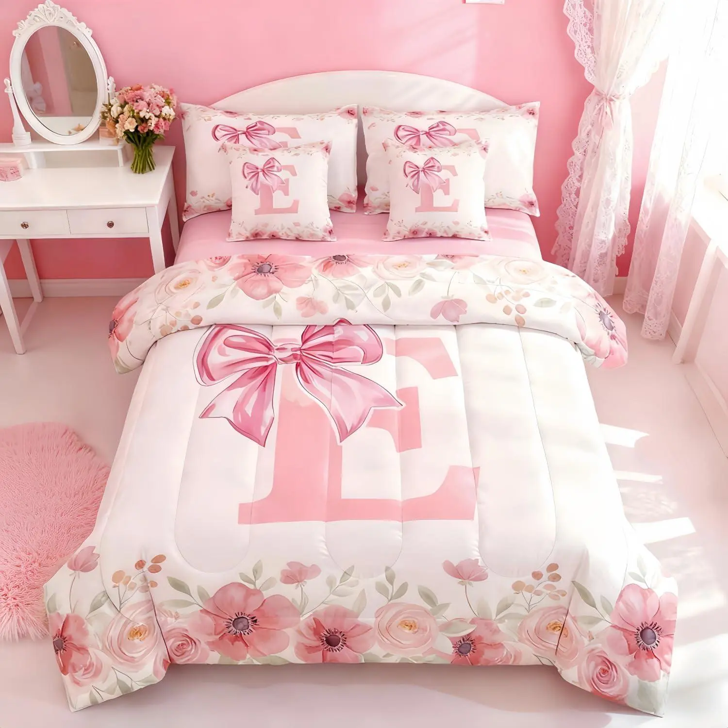 Cute Girly Bow Bedding Set,Initial Letter E Bed in A Bag for Girls Kids Woman Flower Floral Comforter Set with Sheets Fresh Style Spring Bed Set,Bedroom Decor 7 Pieces