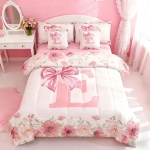 Cute Girly Bow Bedding Set,Initial Letter E Bed in A Bag for Girls Kids Woman Flower Floral Comforter Set with Sheets Fresh Style Spring Bed Set,Bedroom Decor 7 Pieces