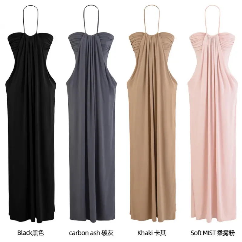 Women's Sleeveless Halter Neck Sports Dress - Fitted Tie-Dye Viscose Fabric Clothes, Adjustable Backless Elastic Casual Summer Maxi Gown with Pockets, Slightly Adjustable Fit, Fashionable Backless Design, Backless Cut