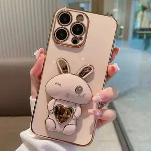 Cute Rabbit Design Phone Case with Heart Shaped Stand, Phone Protective Cover, Phone Accessories, Smartphone Compatible with iPhone 16 Pro Max 15 14 Plus 13 12 11 Pro Max, Casing, Protection, Protector