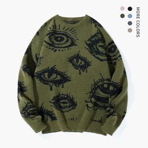 Men's Simple Detailed Full-Length Graphic Knit Pullover - Round Neck, Regular Fit Polyester Streetwear Clothing, Casual Fall & Winter Daily Wear, Stylish Eye Print Top for Classic Jeans, Ideal Mens Gifts (Grey)