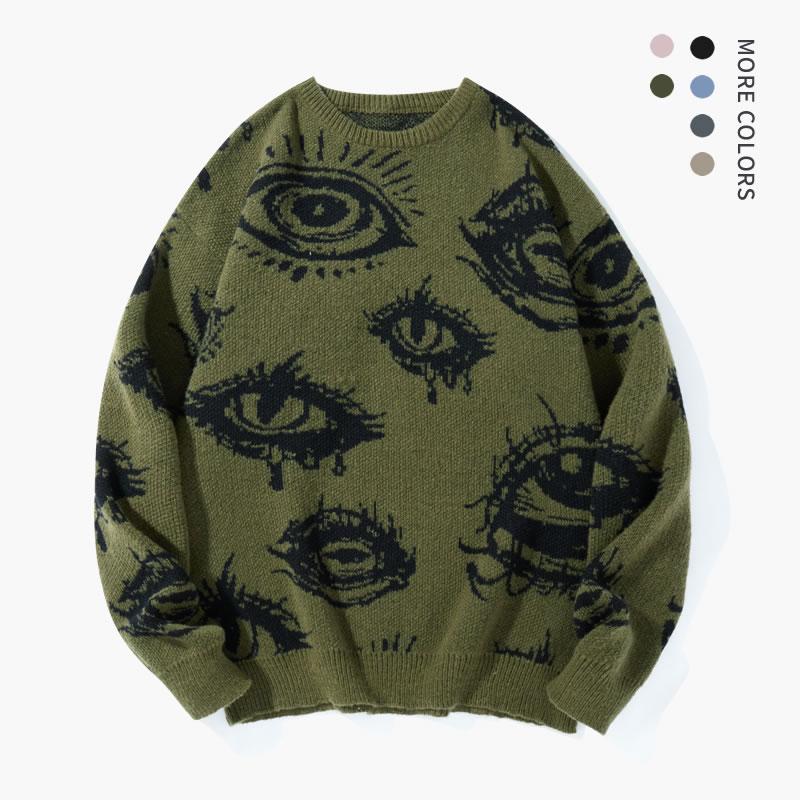 Unisex Simple Detailed Full-Length Graphic Knit Pullover Oversized Sweater - Round Neck, Regular Fit Polyester Streetwear Clothing, Casual Fall & Winter Daily Wear, Stylish Eye Print Top for Classic Jeans, Perfect Spooky Halloween Outfits