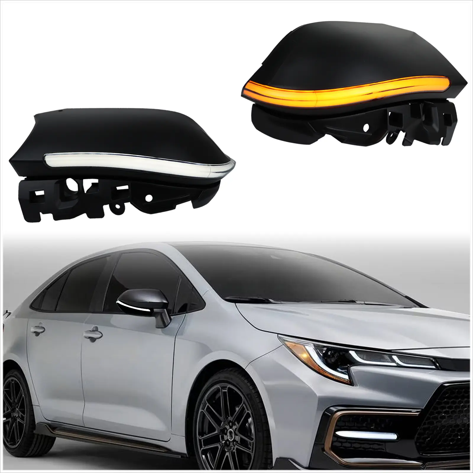 Black Housing Side Rearview Mirror Marker Lights Amber Dynamic Sequential Turn Signal & White DRL Light for Toyota Corolla Sedan 2019-2022 Towing Mirror Indicator Lamp