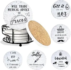 KCT Store Nurse Gifts Ceramic Coasters Set of 6 Funny Designs Absorbent with Non-Slip Cork Base 4 Inch Diameter Unique Tableware for Nurses