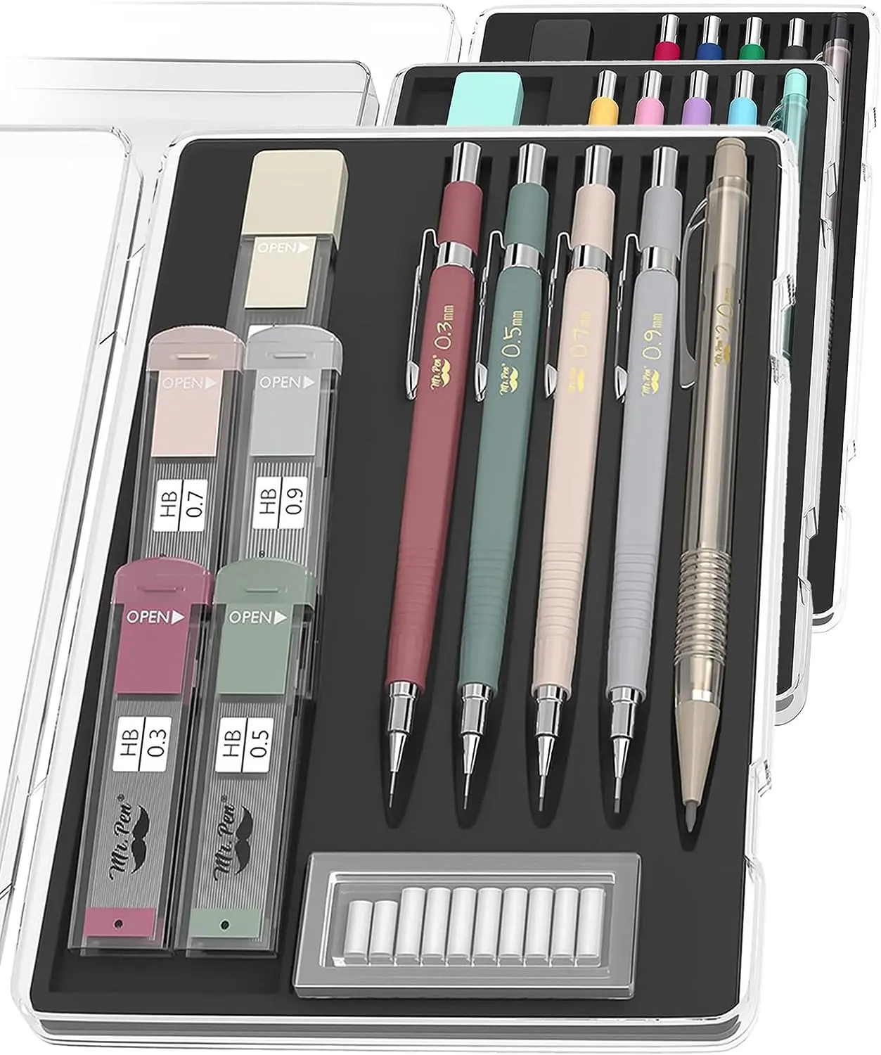 Mechanical Pencil Set with Leads and Eraser Refills, 5 Sizes - 0.3, 0.5, 0.7, 0.9 and 2 Millimeters, for Drafting, Drawing and Sketching