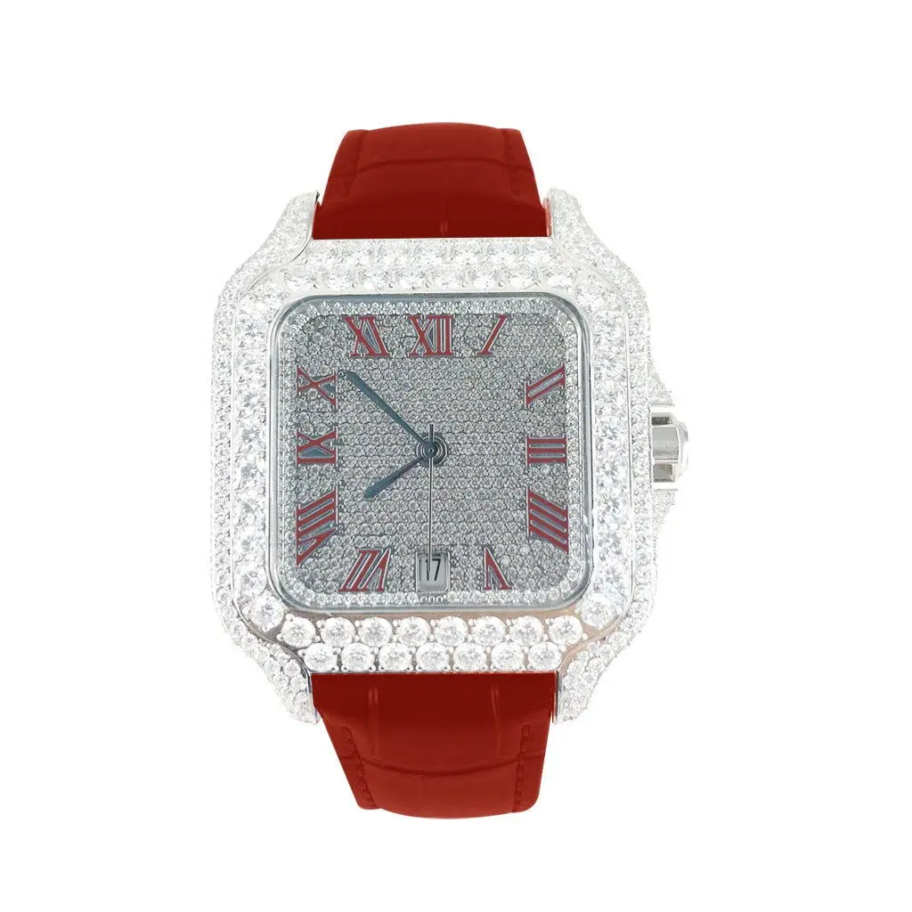 Moissanite Red Croco Half Iced Leather Band Watch Bezel 9.6ct