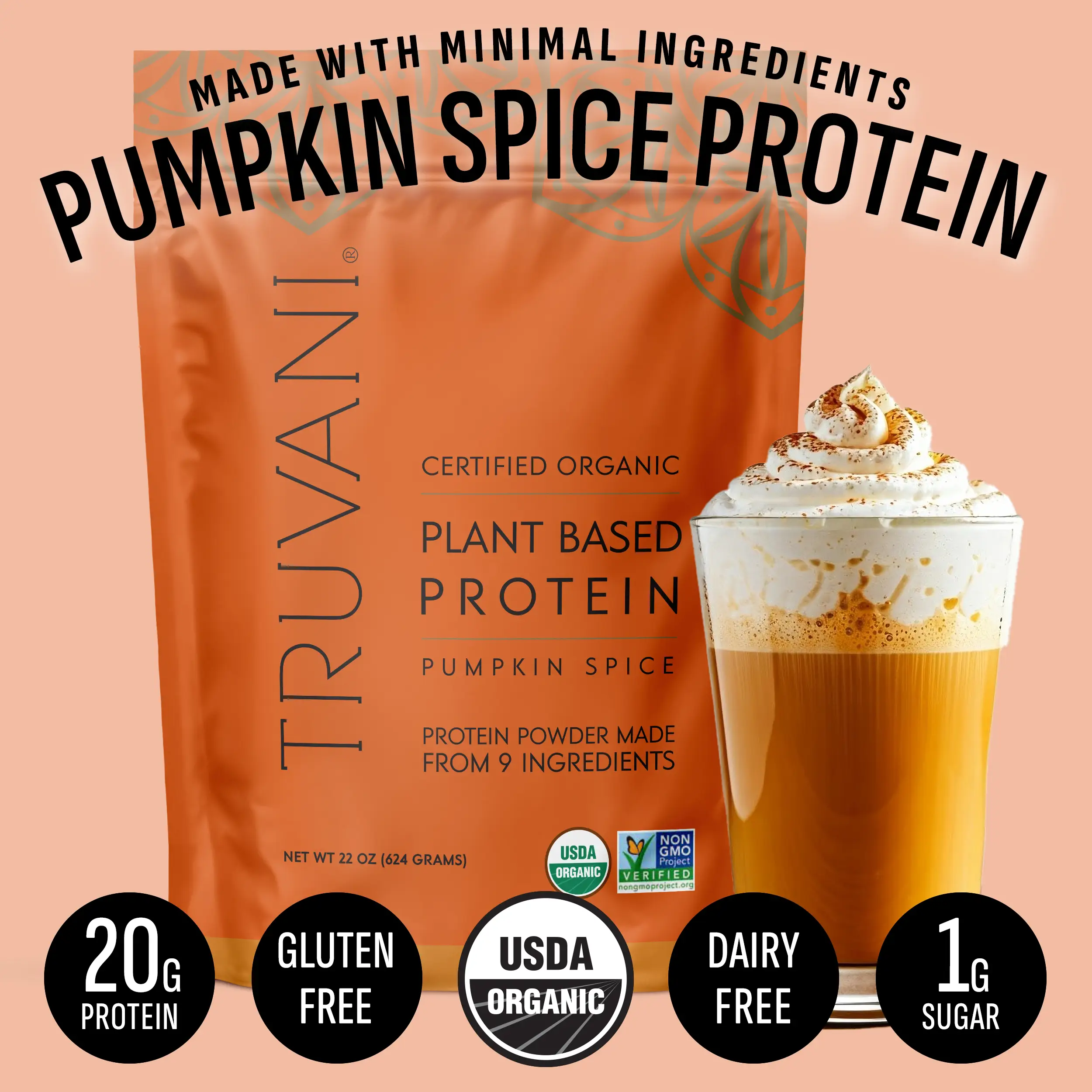 Truvani's Pumpkin Spice Flavored Plant Based Protein Powder *Seasonal Flavor* 20g Organic Plant Based Protein | 20 Servings | Keto | Gluten & Dairy Fr