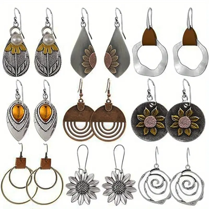 9 Pairs Bohemian Retro Geometric Round Earrings, Wooden Leather Earrings, Vintage Sunflower Earrings, Women's Christmas and Birthday Gifts, Valentine's Day Gift