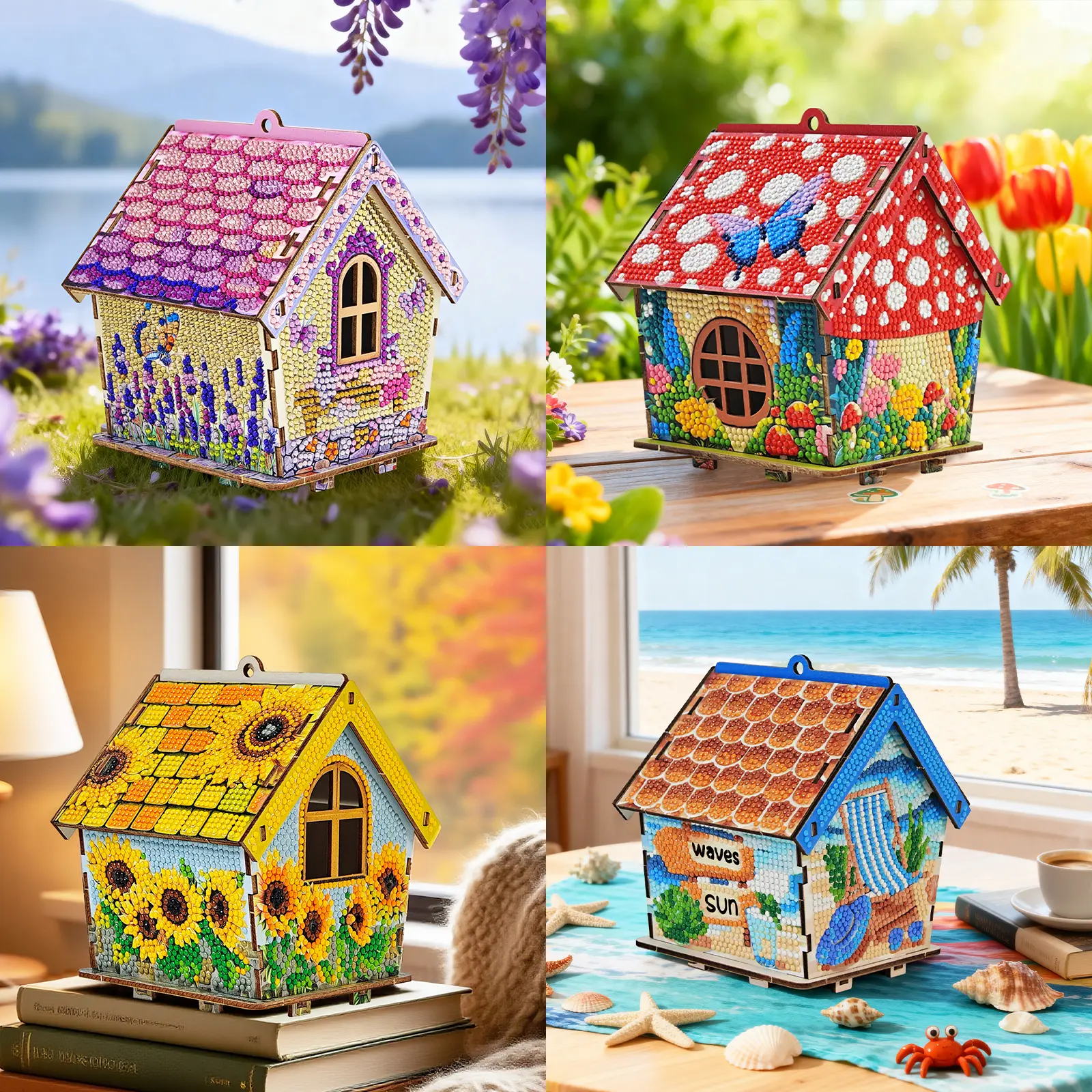 DIY 3D Wooden Handmade Puzzle Diamond Painting Kit - Nature Themes (Sunflower, Mushroom House, Beach, Butterfly), Beach Scene Decor, Butterfly 3D Art, Desk Art Display, Garden Ornament, Adult Gift, Party Decor Supply, summerwins, Diy 3D Painting