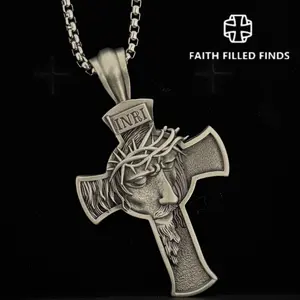 Christ Jesus Cross Necklace with INRI Pendant Christian Accessory for Men Jesus Father’s Day Gifts, Dad Gift, Christian Necklace, Crowned Jesus Crucifix Pendant Necklace
