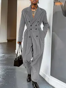 INCERUN Men's Fashion Simple Corduroy Solid Color Double-Breasted Suit Collar Long Sleeve Jumpsuit, Menswear Spring & Fall Daily Wear, Fabric