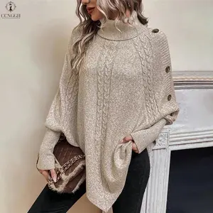 Women's Poncho Sweater Asymmetrical Turtleneck Knit Pullover Sweater Button Oversized Long Sleeve Poncho