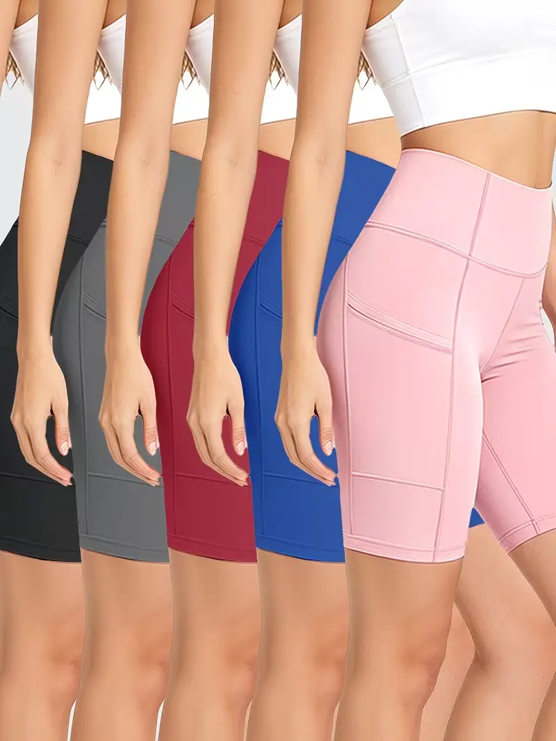 5-Pack Red/Pink/Black/Gray/Blue - High-Rise Shaping Shorts, Elastic, Dual Pockets, Fast-Dry, Ventilated, Workout/Daily.