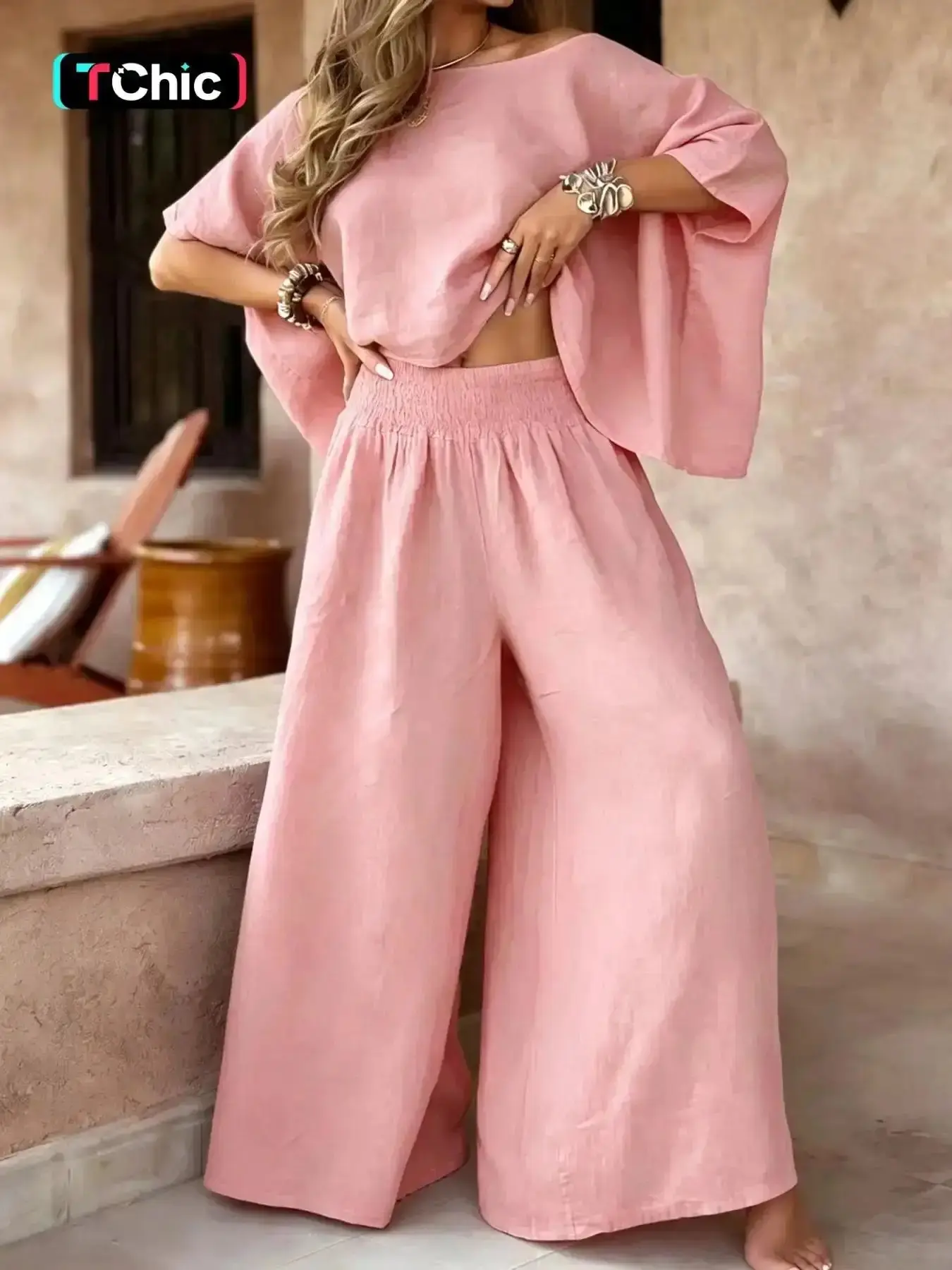 Women's Ultra-Loose Oversize Two-Piece Set, Casual Vacation Laid-Back-Style Top and Wide-Leg Pants, Comfortable and Stylish for Relaxing Days